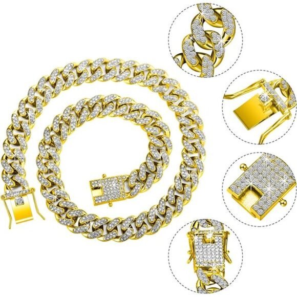 Gold 2 Pieces Cuban Link Chain for Women Cuban Necklace Bracelet Heavy Bling - Picture 3 of 6